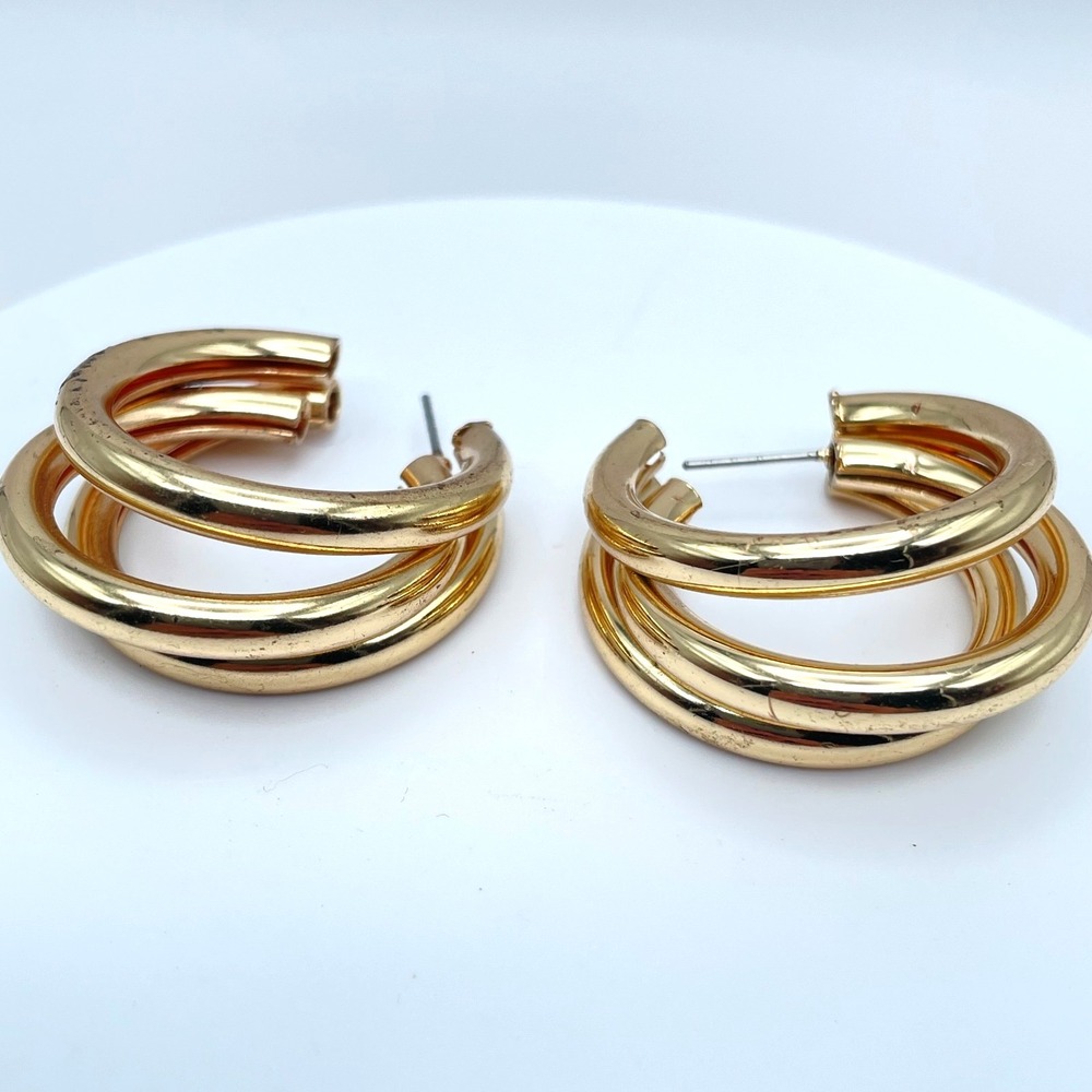 Vintage 90s Gold Tone Multi-Hoop C-Shaped Earrings Chunky Fashion Jewelry